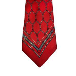 Vintage Hardy Amies Mens Tie Equestrian Red & Gray 100% Silk Necktie Preppy
